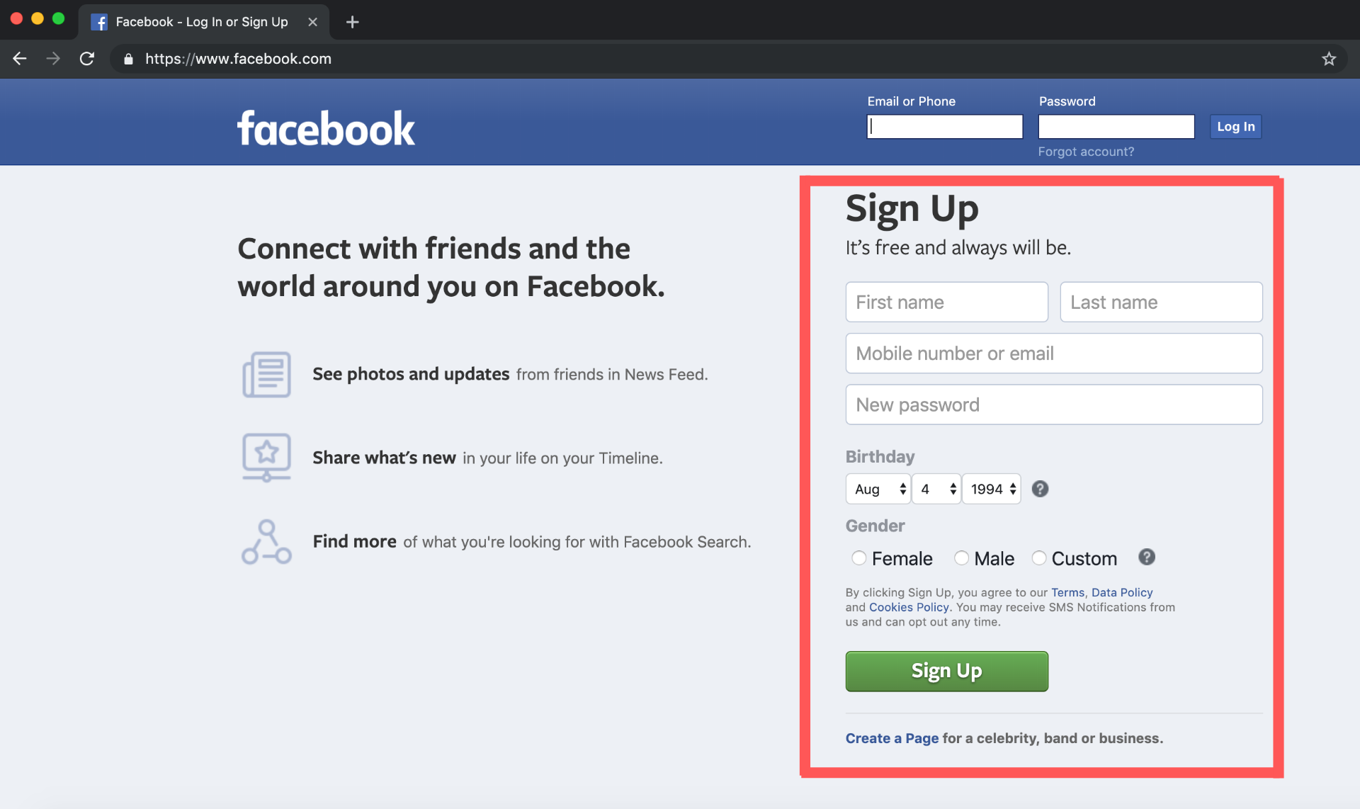 Sign up for Facebook