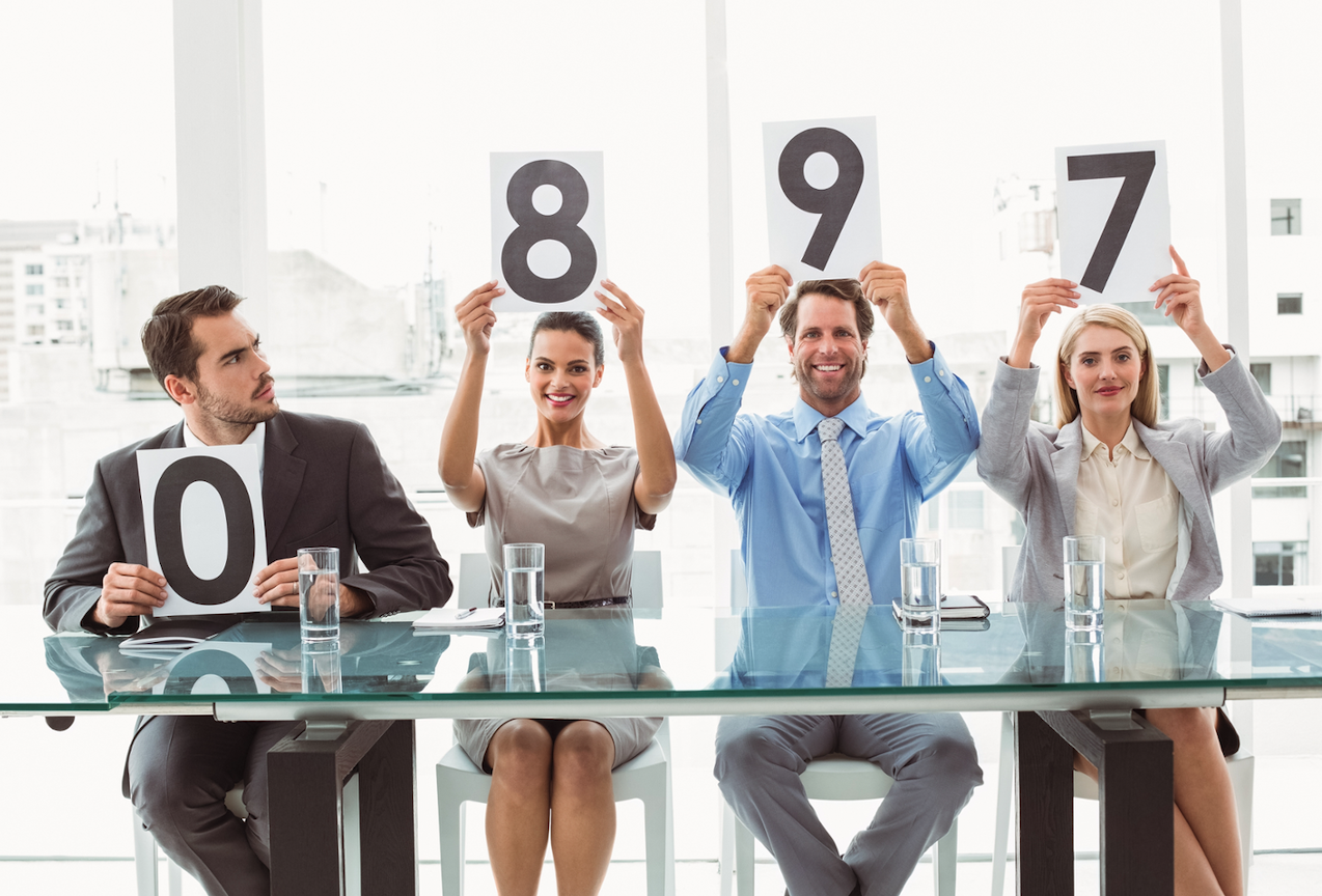 Four business people holding up numbers, nps, nps score