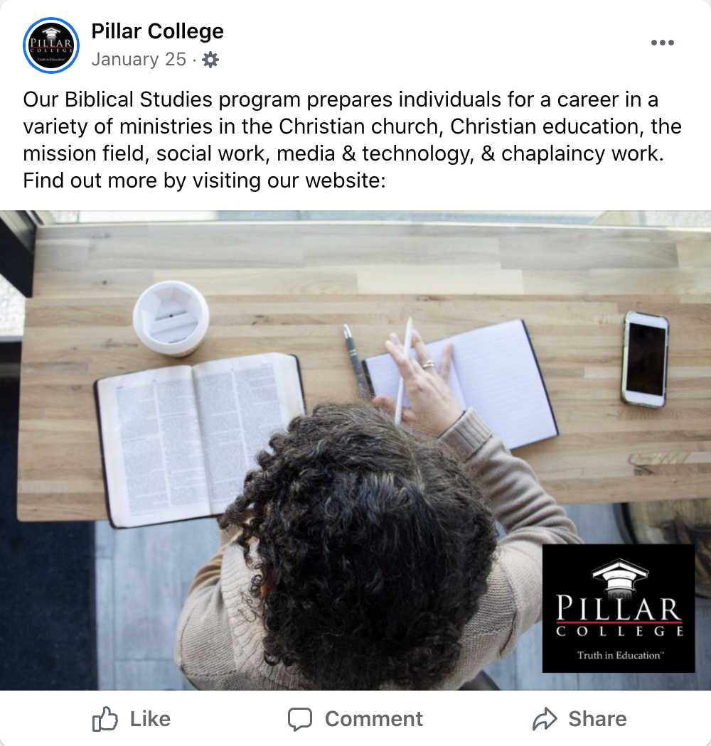 Multi-Location Private Christian College Case Study,Pillar College social media case study