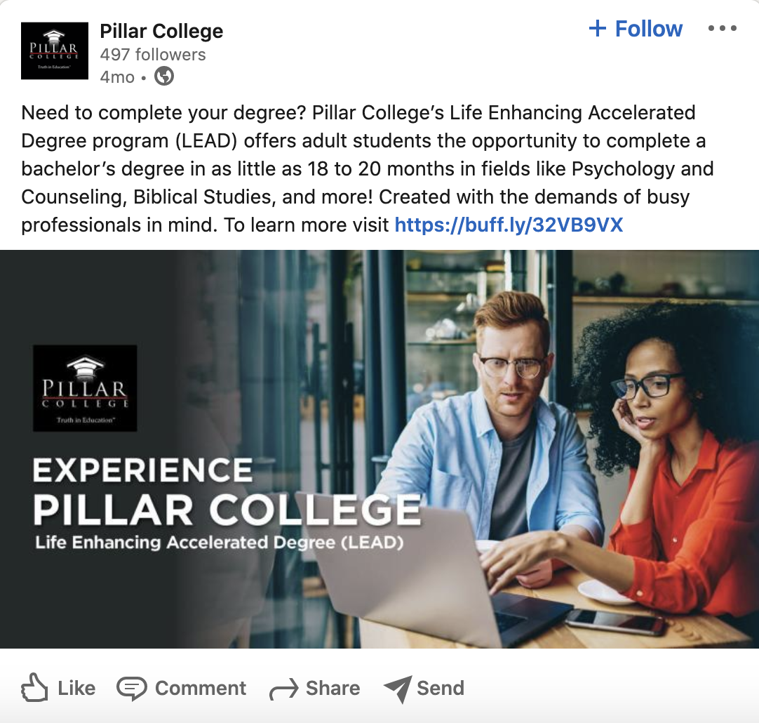 Multi-Location Private Christian College Case Study,Pillar College social media case study