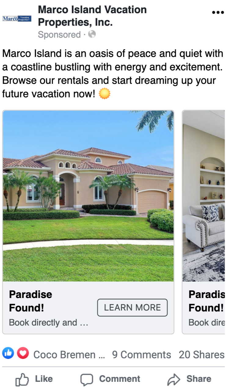 Vacation Properties Rental Business Generates Over 17,000 Website Visits Per Year Using Paid Social Advertising, Marco islands vacation properties