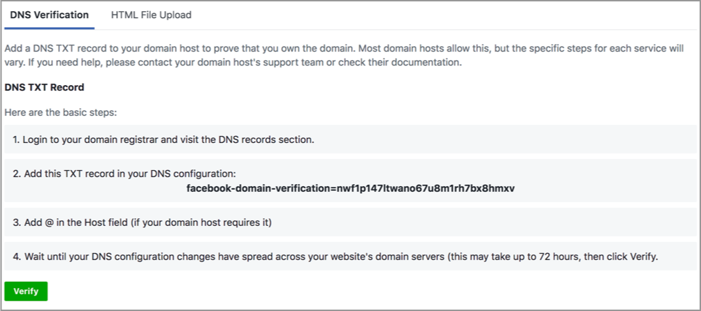 Facebook Domain Verification - txt entry