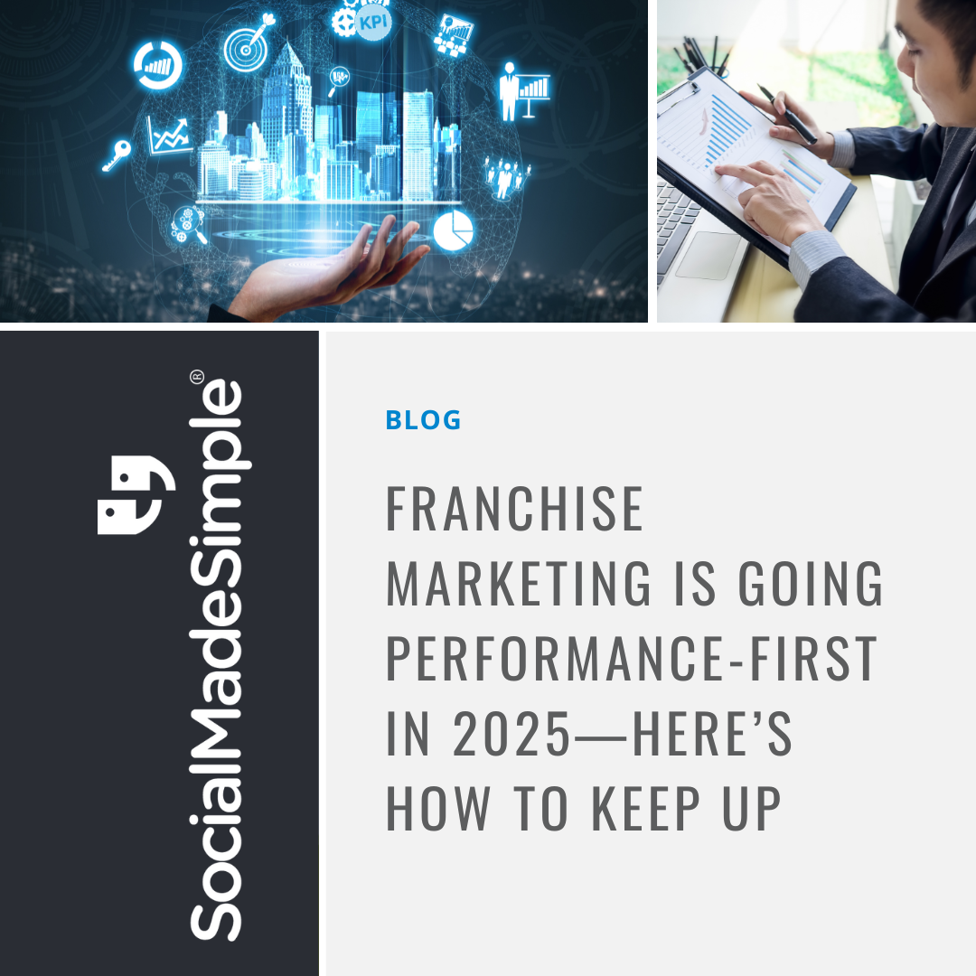 Franchise Marketing Is Going Performance-First in 2025—Here’s How to Keep Up (1) Modern digital graphic with dark navy background and SocialMadeSimple logo, promoting performance-based franchise marketing strategies for 2025